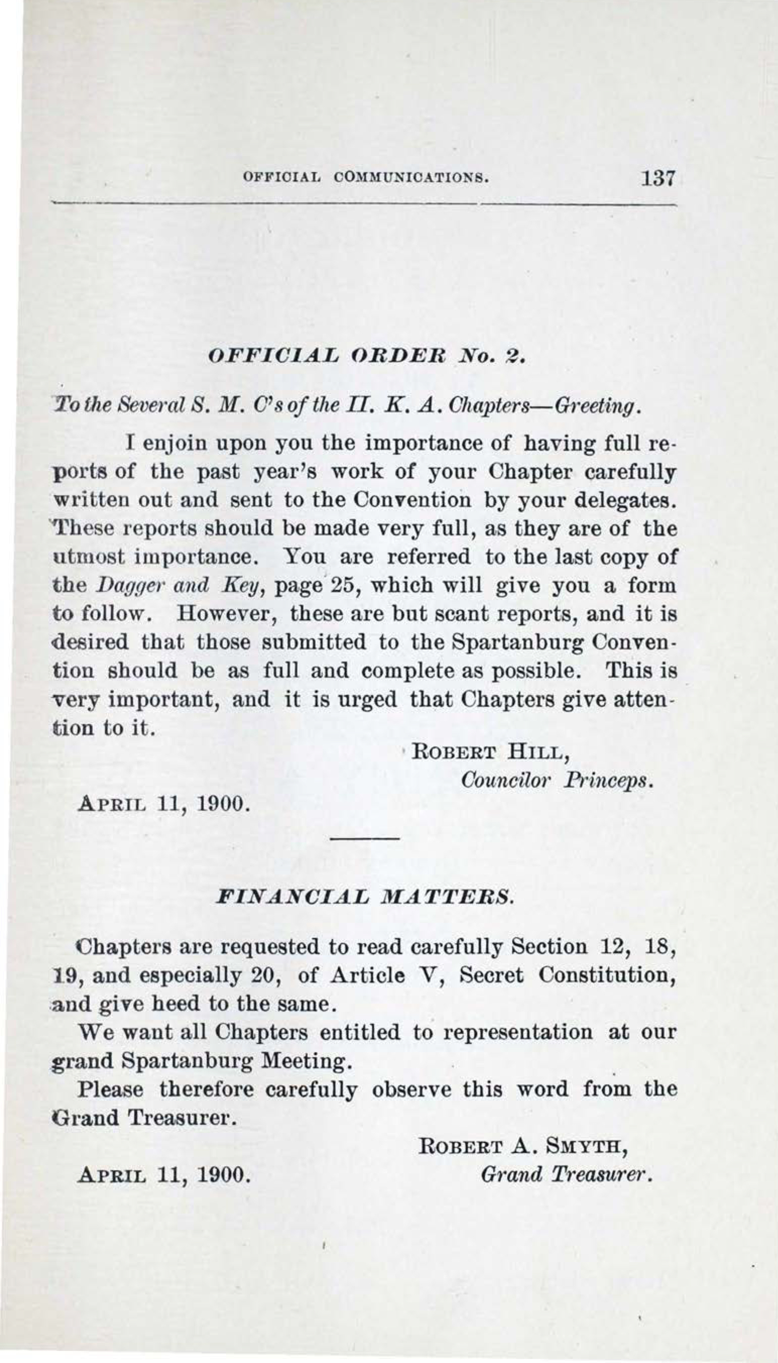 Financial Matters, April 1900